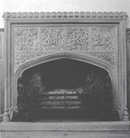 Description: Fireplace with stone carvings and cast-iron firedogs